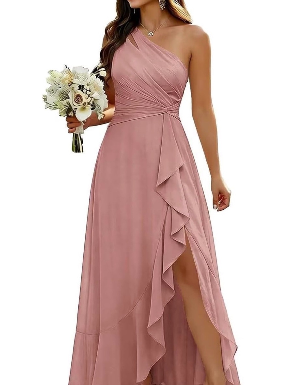 Asymmetric One-Shoulder Dusty Rose Ruffle Evening Gown